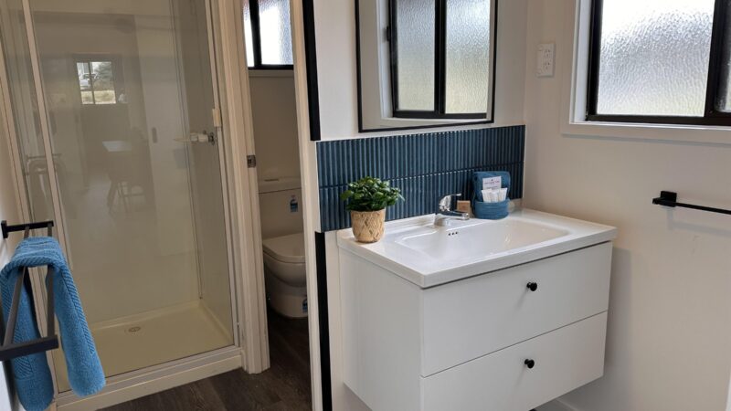 Cottage bathroom with a glass shower, vanity and toilet